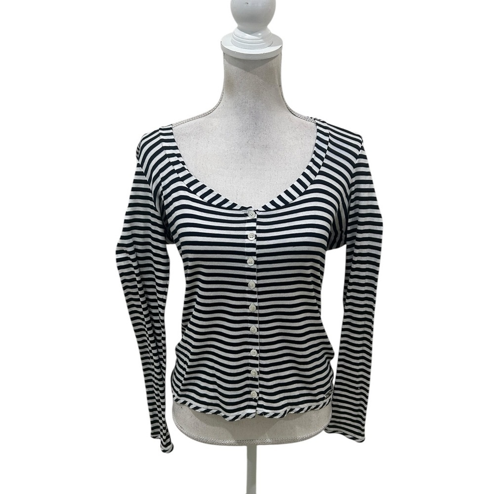 Burberry London navy White Striped Button Down scoop neck long sleeve tee medium